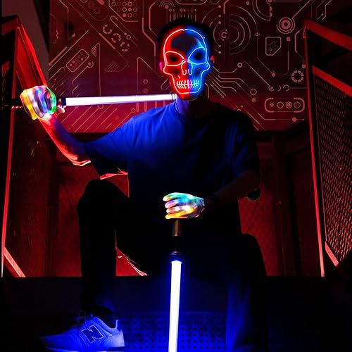Miniatura 7 de OceanWings Máscara LED de Halloween con guantes, disfraces iluminados, máscara de miedo para suministros de fiesta