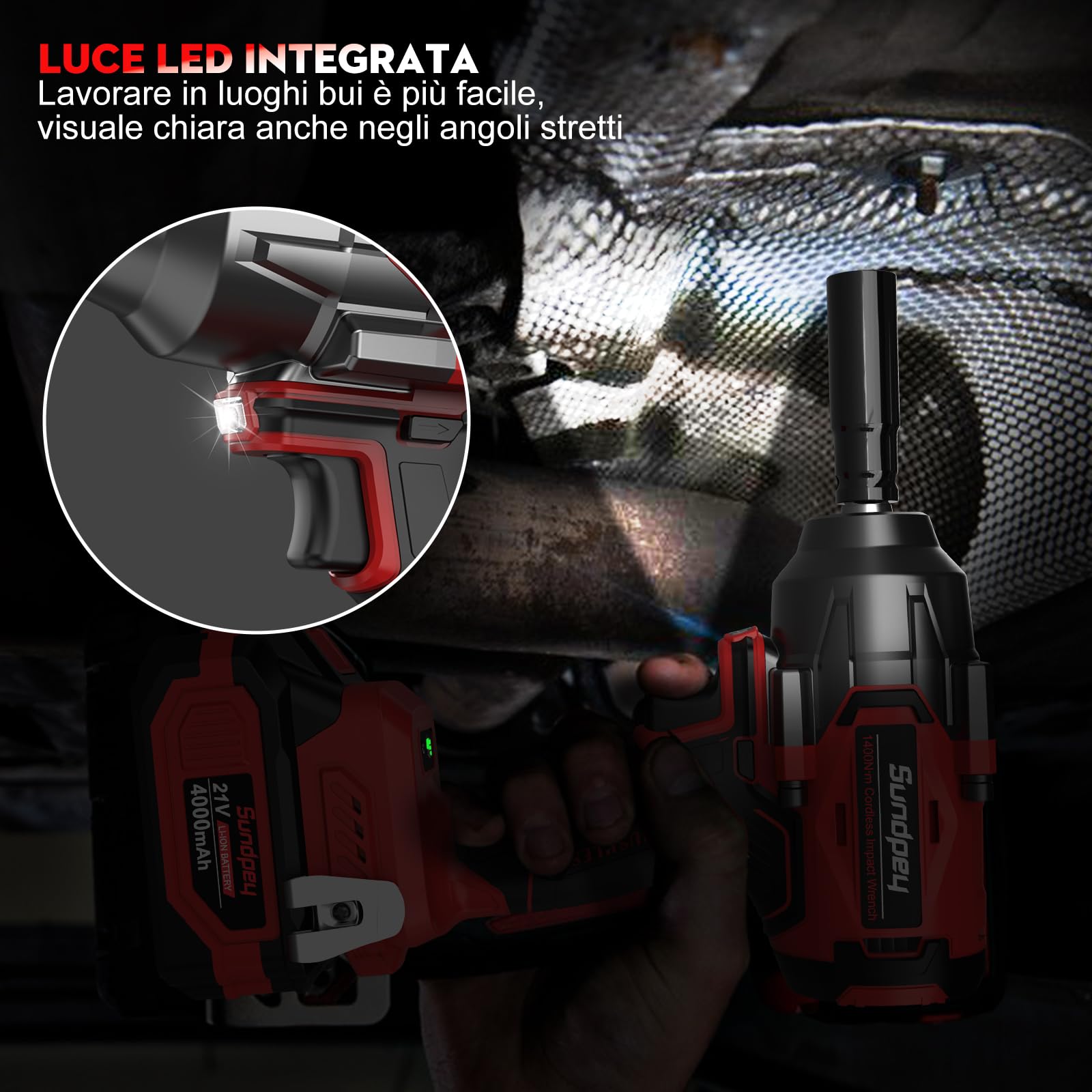 Sundpey 1400 N.m Avvitatore a Impulsi Brushless, 21V Avvitatore ad Impulsi con 2 Batterie da 4.0 Ah & 5 Prese & 9 Punte per Trapano & Adattatore Esagonale da 1/2" per Auto Camion Casa