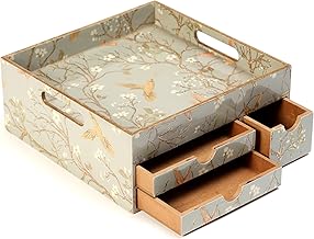 DULI Versatile MDF Storage Tray with Three Drawers| Multipurpose Tray| Compact Desktop Organizer | Water & Heat Resistant Durable 25L X 25B X 12H (cm) (EnamelDrawerTray: SilverBirds)