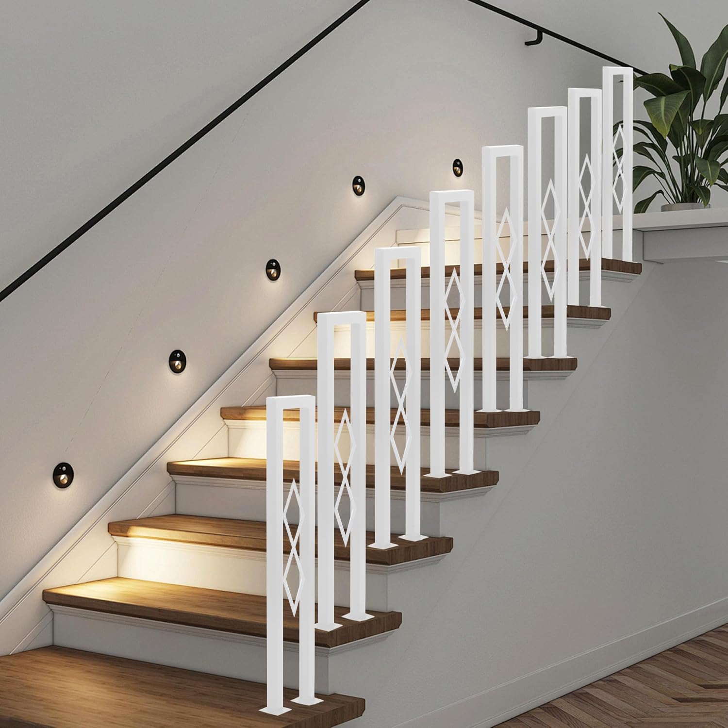 Ringhiera per Scale Interne a u, Ringhiera antiscivolo in Ferro, Corrimano per Scale con motivo a diamante, per Corridoio Ingresso Terrazza, con Kit di Viti (bianco, 110cm)