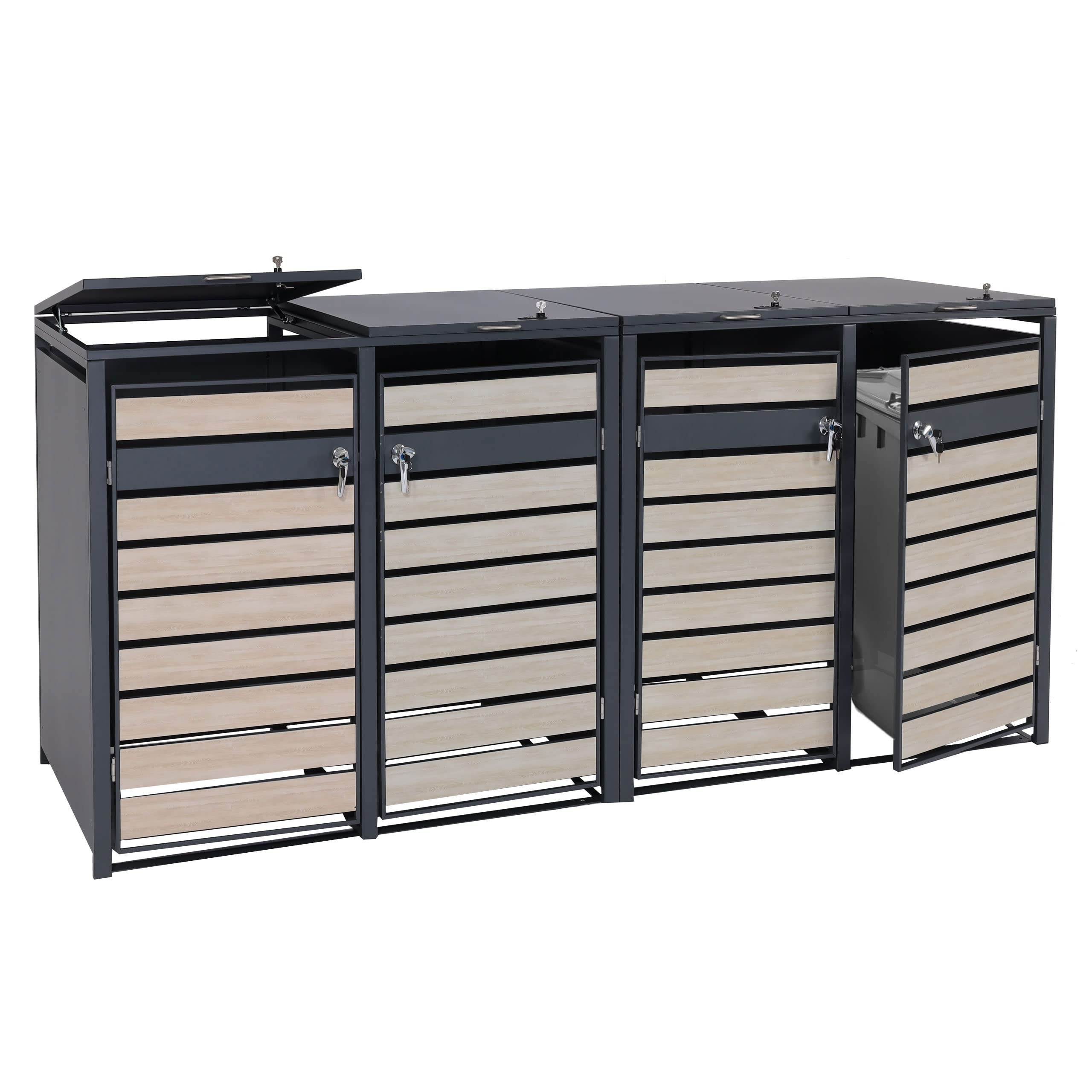 Set 4x copribidoni box spazzatura rifiuti HWC-J81 80x264x117cm - acciaio antracite faggio