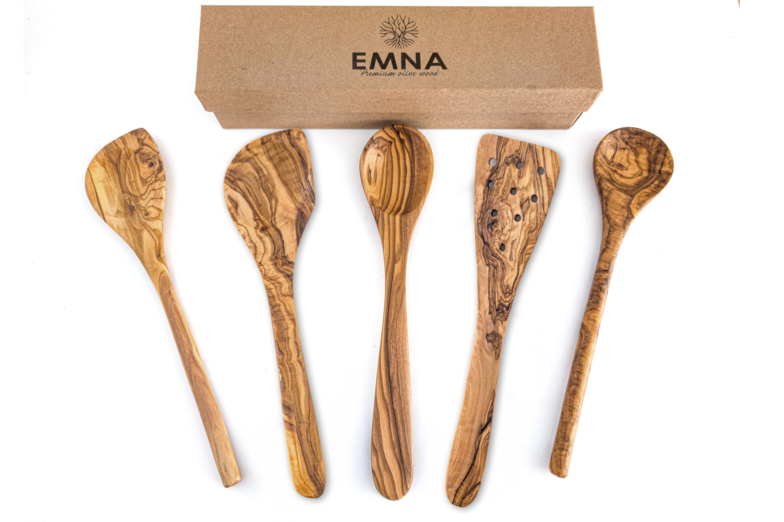 EMNA – Olivenholz Küchenutensilien Set 5-teilig | Handgefertigte Kochlöffel & Pfannenwender Holz | Geschenkset Küche Weihnachten Geburtstag Muttertag Hochzeit Hochwertig Unikat