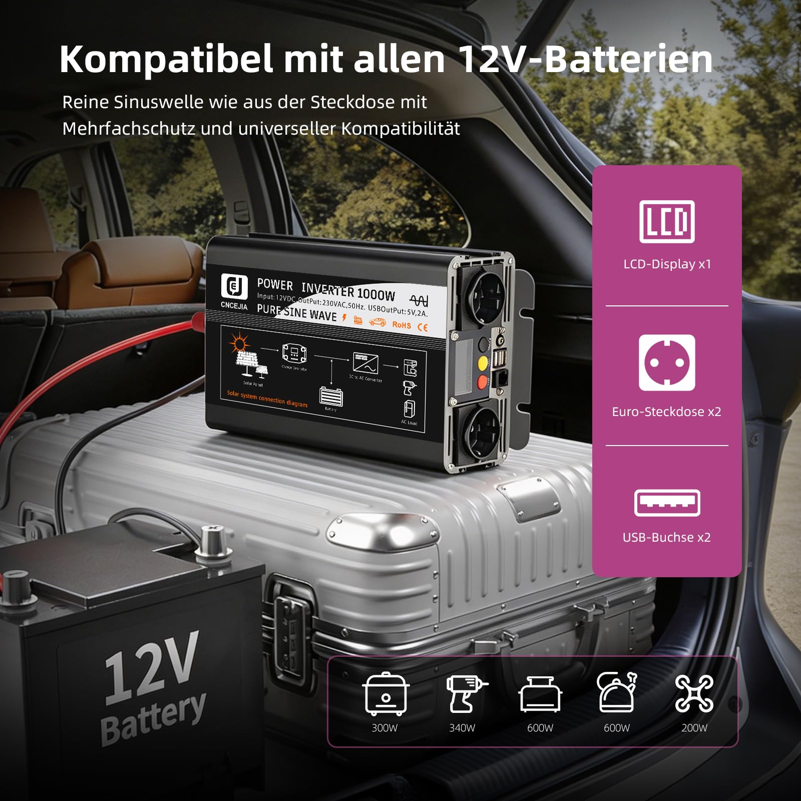 CNCEJIA 1000W Wechselrichter Reiner Sinus 12v auf 230v Spannungswandler mit 2 USB Anschlüsse 2 Steckdose LCD-Display für Auto Wohnmobil Camping (Schwarz)