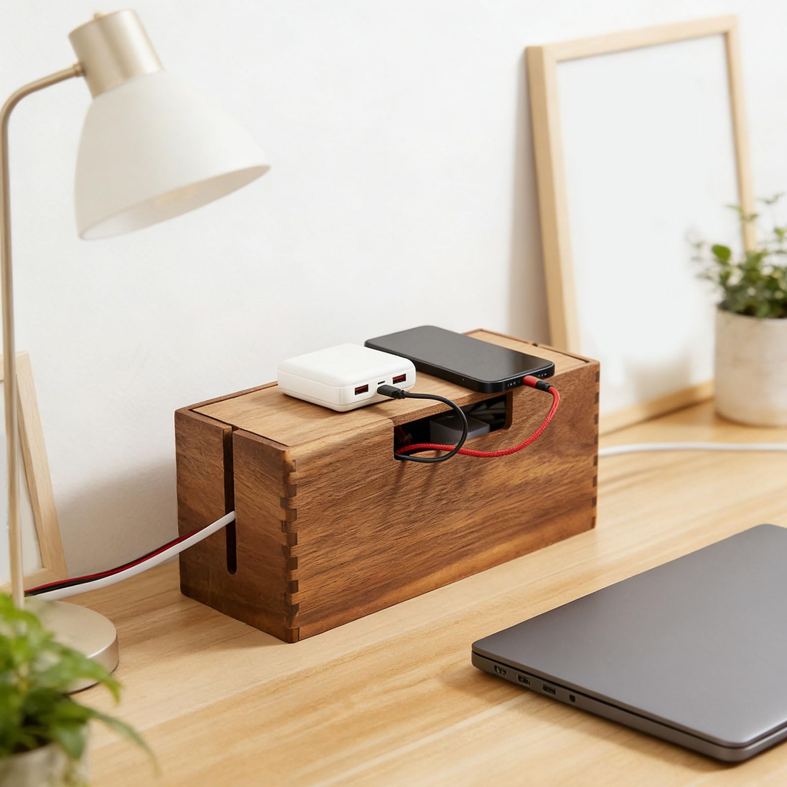Caja organizadora de cordón de madera con cierre | Amplio espacio con canales de cable para regletas y cables para escritorio, oficina en casa, cocina