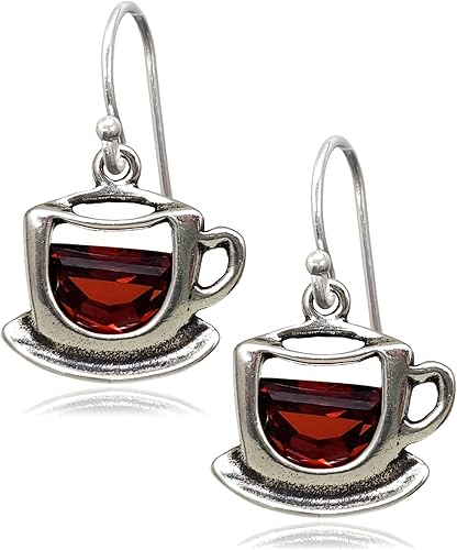 EnCharmed Sterling Silver Coffee Cup Charm Earrings with Red Cubic Zirconia, Barista Caffeine Lover Pendant Jewelry