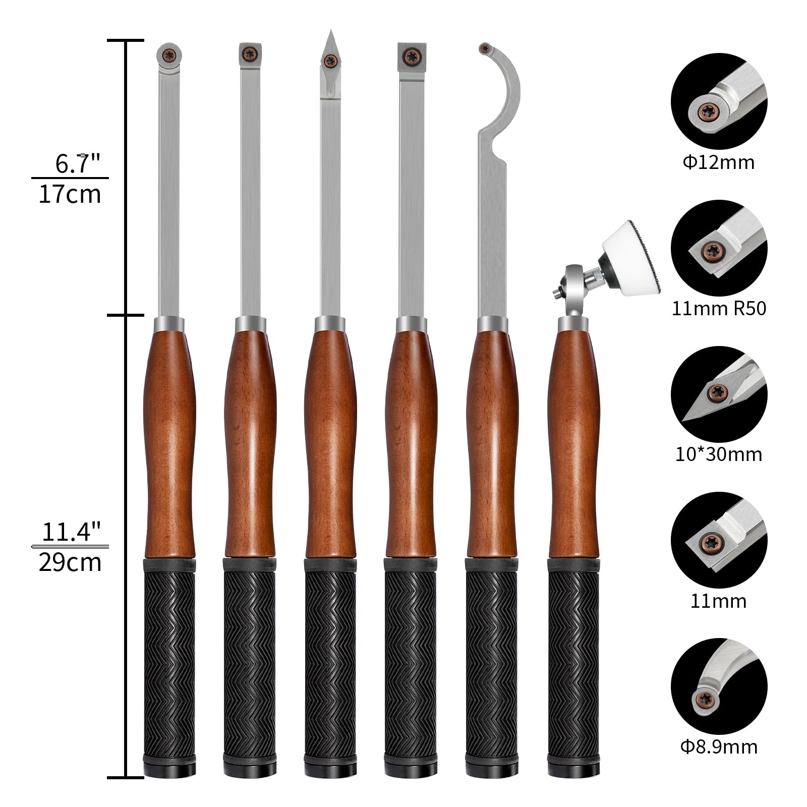 Kit d'outils de tournage de tour en bois en carbure de taille complète avec ponceuse à bol, outils de tour en carbure de 6 pièces de 46 cm avec boîte en bois poignée en hêtre avec caoutchouc
