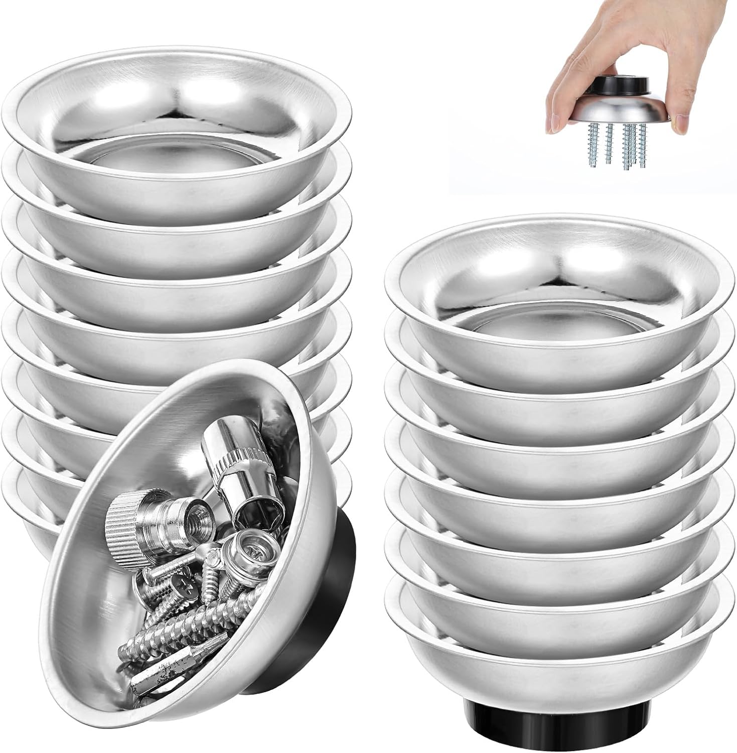 16 Pack 3" Round Magnetic Bowl Trays Set, Round Magnetic Parts Bowl, Stainless Steel Magnet Tool Tray Parts Holder for Screws, Sockets, Bolts, Pins, Mechanic's and Automotive