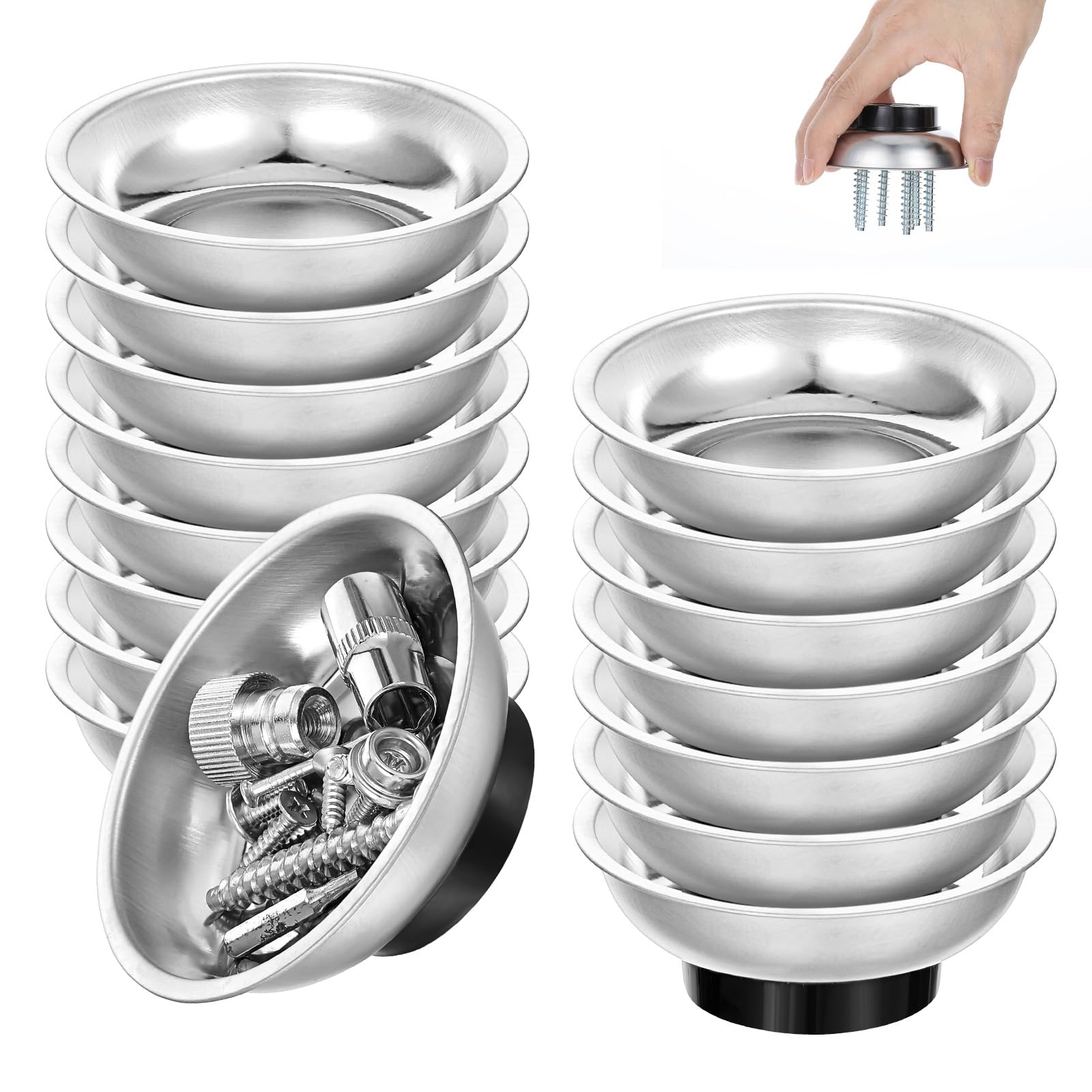 16 Pack 3" Round Magnetic Bowl Trays Set, Round Magnetic Parts Bowl, Stainless Steel Magnet Tool Tray Parts Holder for Screws, Sockets, Bolts, Pins, Mechanic's and Automotive