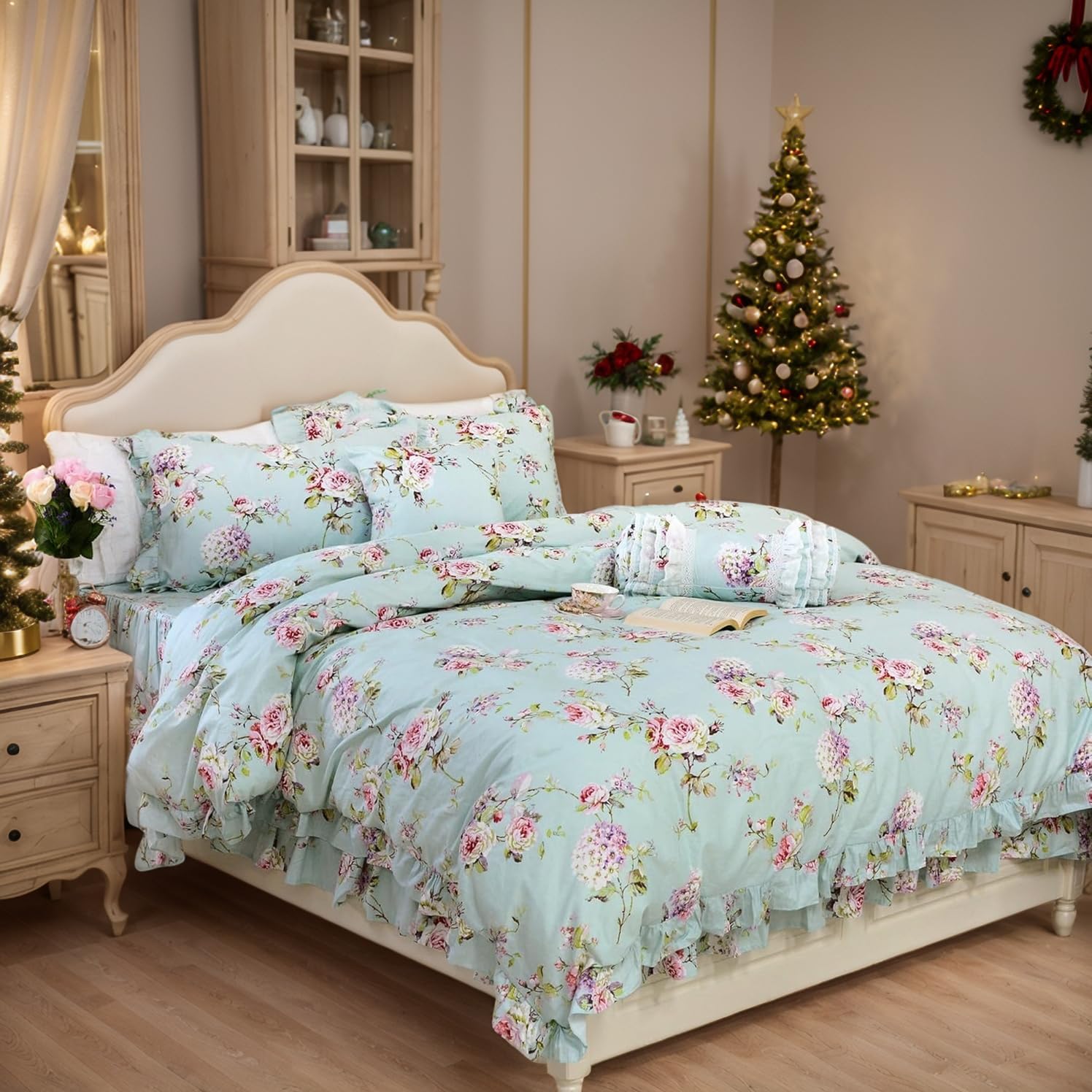 FADFAY Farmhouse Bedding Shabby Blue Floral Vintage Floral Print Duvet Cover Set Bedspread Elegant French Country Style with Ruffle 4 Pcs Cal King Size