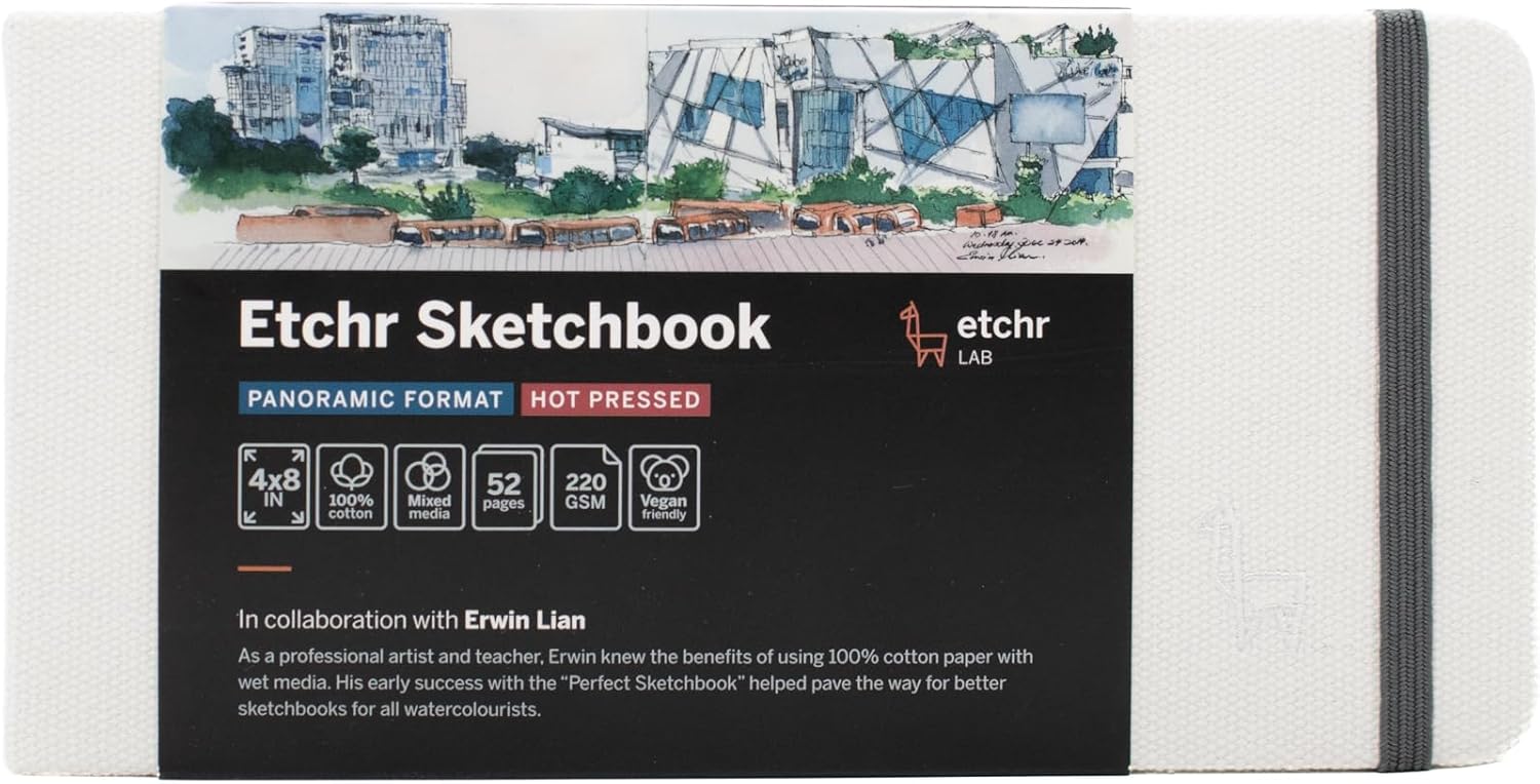 Etchr Panorama Sketchbook - Hot Press Mixed Media 100% Cotton - Hardcover Drawing Book 4”x8 with 52 Pages - Sketch Pad with Customizable Cover