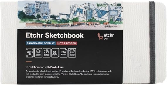 Etchr Panorama Sketchbook - Hot Press Mixed Media 100% Cotton - Hardcover Drawing Book 4x8 with 52 Pages - Sketch Pad with Customizable Cover