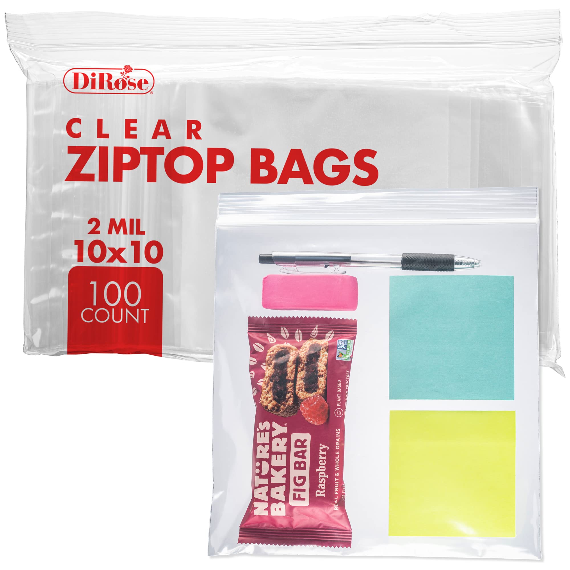 diroseReclosable Poly Zip Top Bags - 10" x 10" (100 Count), 2 Mil - Plastic Ziplock Bags Resealable Plastic Bags with Zipper - Clear Bags for Gifts, Cards, Stationery, Apparel