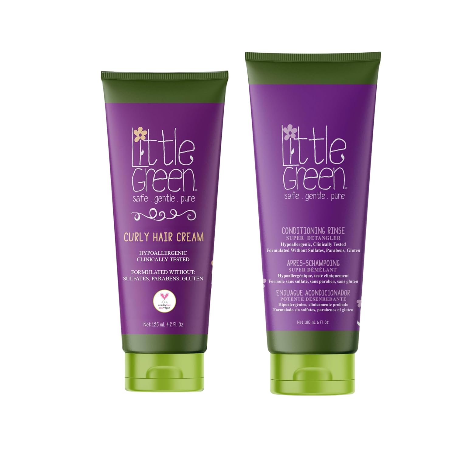 Little Green Kids Curly Hair Cream + Conditioning Rinse Bundle, 1 Bottle of Each