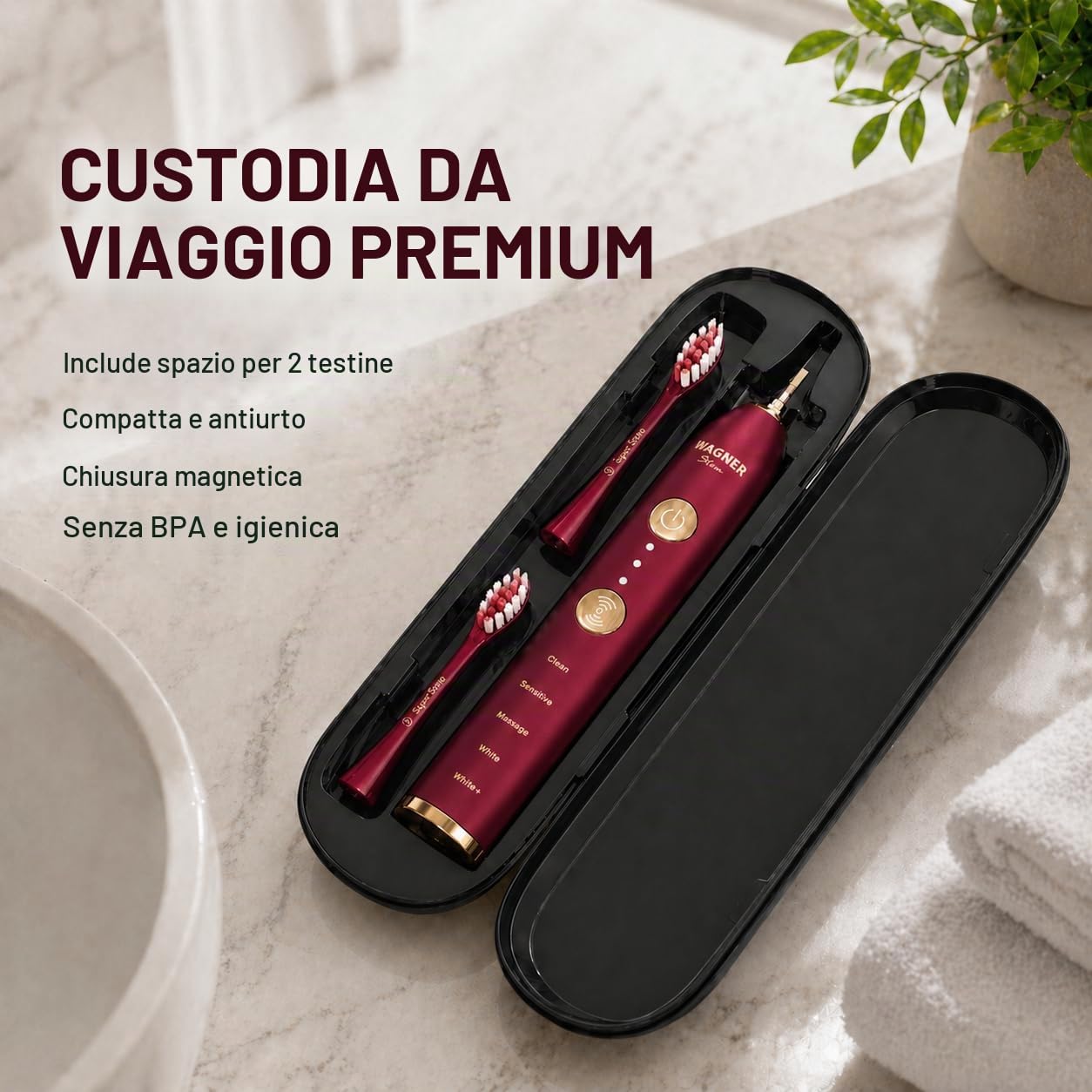 Wagner Stern Edizione WHITEN+. Spazzolino elettrico con sensore di pressione, 5 modalità, 3 intensità, 8 testine, custodia da viaggio. (cremisi)
