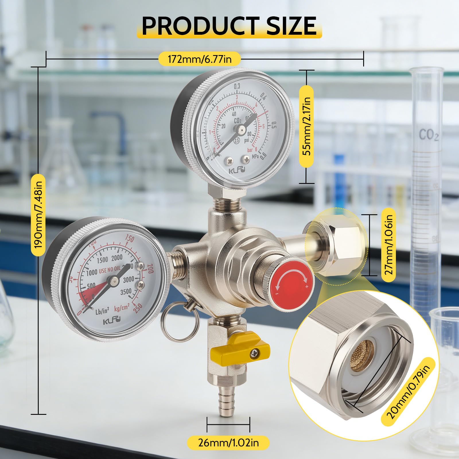 Détendeur de Pression CO2 pour Bière, Réducteur de Pression Gaz avec Double Manomètre, Raccord W21.8-14 & 3/4", Valve Anti-Retour, pour Distributeurs de Bière, Brassage de Bière, Tireuse à Bière