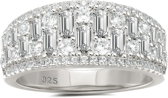 Wuziwen Wide Wedding Bands for Women Round and Baguette Eternity Anniversary Ring 925 Sterling Silver Cubic Zirconia