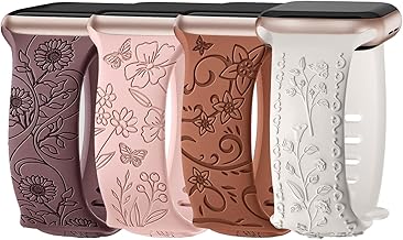 Nepfaivy 4 Pcs Engraved Floral Bands Compatible with Apple Watch 44mm 45mm 49mm 42mm Women Silicone Sport Band Compatible with iWatch SE Ultra Series 9 8 7 6 5 4 3 2 1 (M,Type 4)
