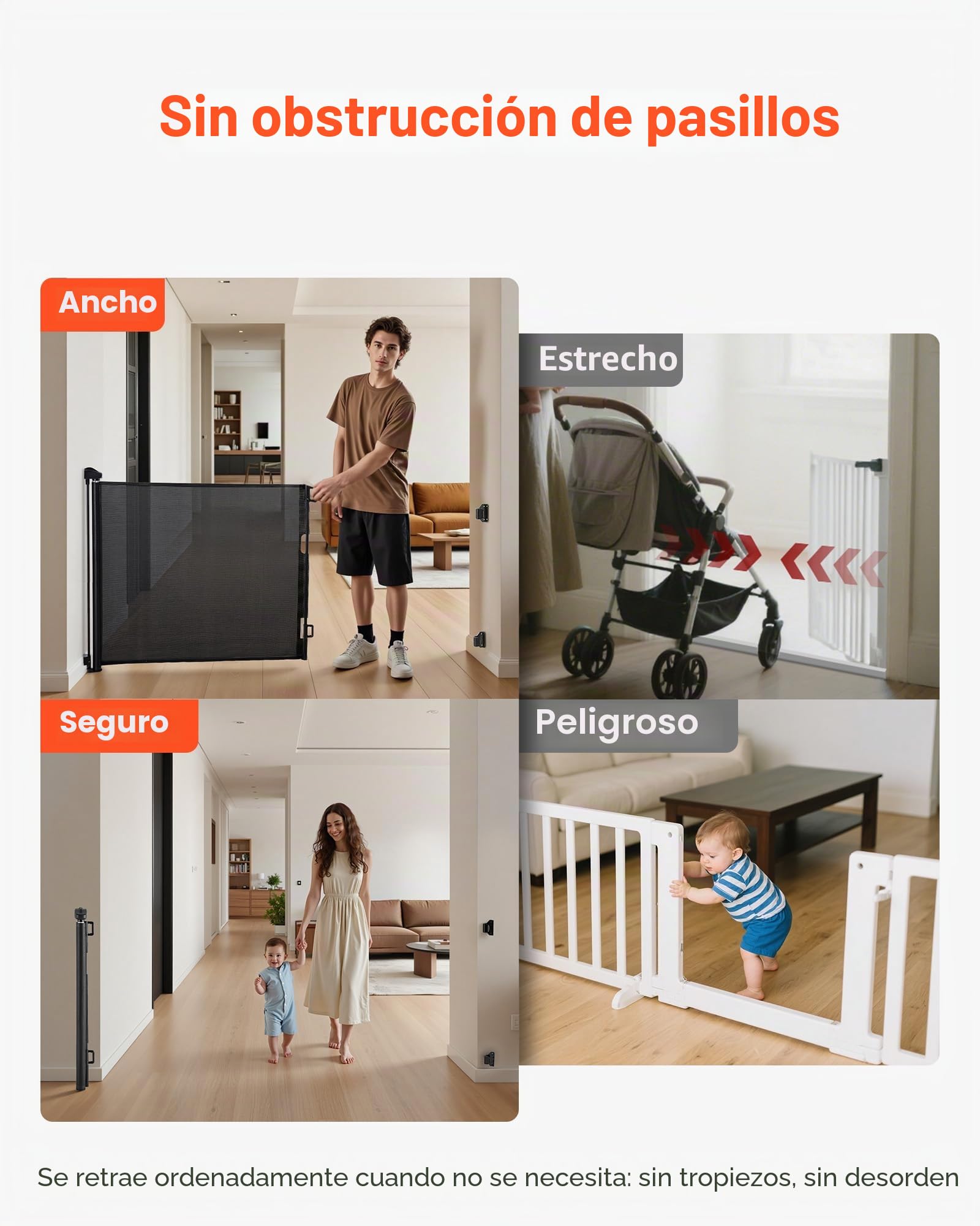 VEVOR Puerta Retráctil 2020x1045 mm, Barrera de Seguridad para Perros con Cierre, Puerta de Malla Permite el Paso sin Tropiezos, para Escaleras Interiores, Puertas, Pasillos, Salas de Juegos, Negro