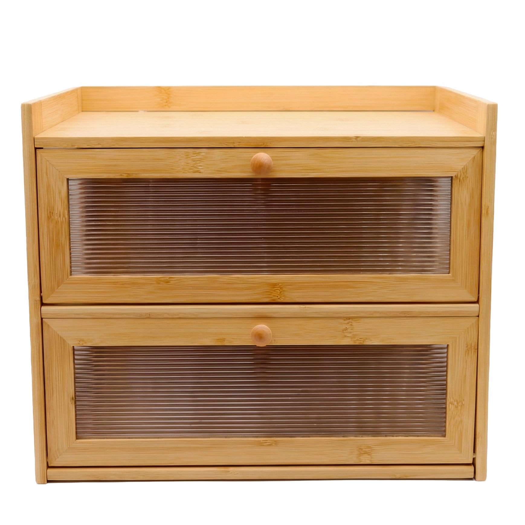 Maison Des Cadeaux Large 2 Tier Fluted Panel Bamboo Bread Bin Cabinet - Countertop Storage Box