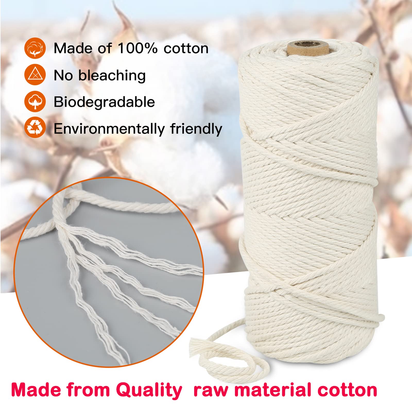 Cordón de macramé natural de color de 0.079 pulgadas, 0.118 pulgadas, 0.118 pulgadas, 0.187 pulgadas, 0.23 pulgadas, cuerda de algodón para macramé, hilo torcido, cuerda suave para manualidades, 3