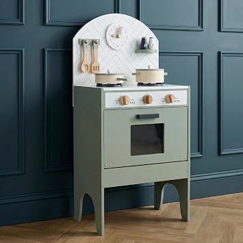 Hooga Kids Kitchen Wooden Playset, Pretend Cooker with 6 Utensils, Mint | Toddler Pretend Cooker with Oven, Learning Clock, Turning Dials, Tea Towel Rail, Pot, Pan and Salt Pepper Pots