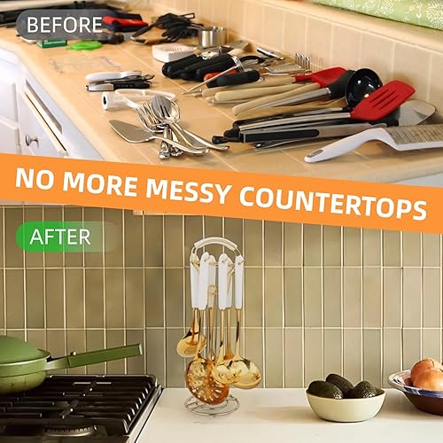 Miniatura 3 de Novellus Juego de utensilios de cocina de acero inoxidable dorado con soporte, 7 accesorios de cocina para cocinar, incluye cucharón de sopa,