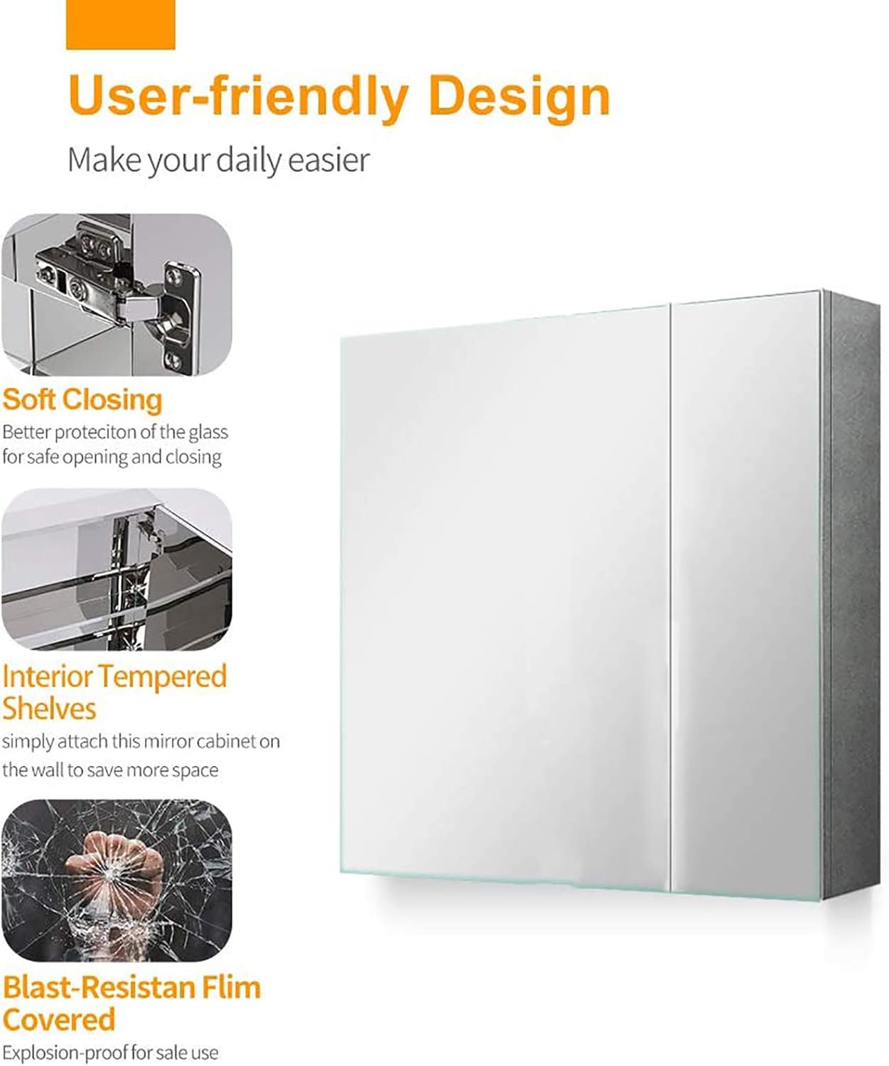 Bathroom Cabinet Mirror with Double Doors Wall Mounted Modern Storage Cupboard Storage Organizer Furniture for Bathroom