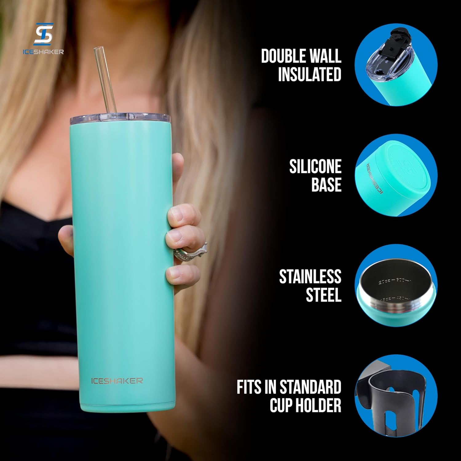 Ice Shaker Insulated Stainless Steel Tumbler | 20 oz, Matte Mint | 24+ Hours Cold & 6+ Hours Hot | Removable Straw and Drink Spout | Odor-Free Tumbler Cup Water, Coffee, Tea, Smoothies, Cocktails