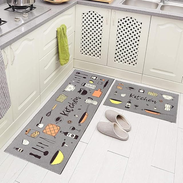 Carvapet 2 Pieces Kitchen Mat Rug Non Slip Washable Kitchen Floor Mat TPR Backing Runner Rug Set (Kitchen Grey)