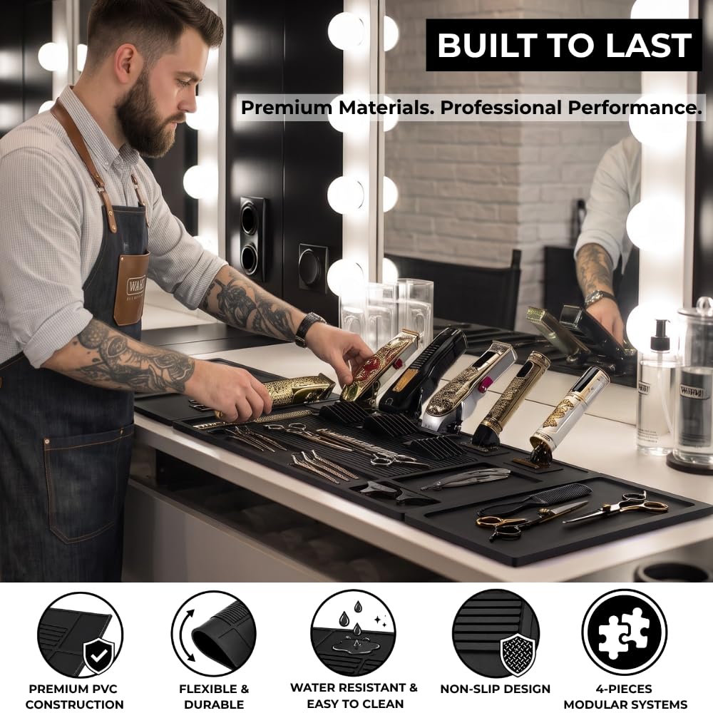 HAPPYPOSH Magnetic Barber Mats, 4-Piece Modular Station Organizer