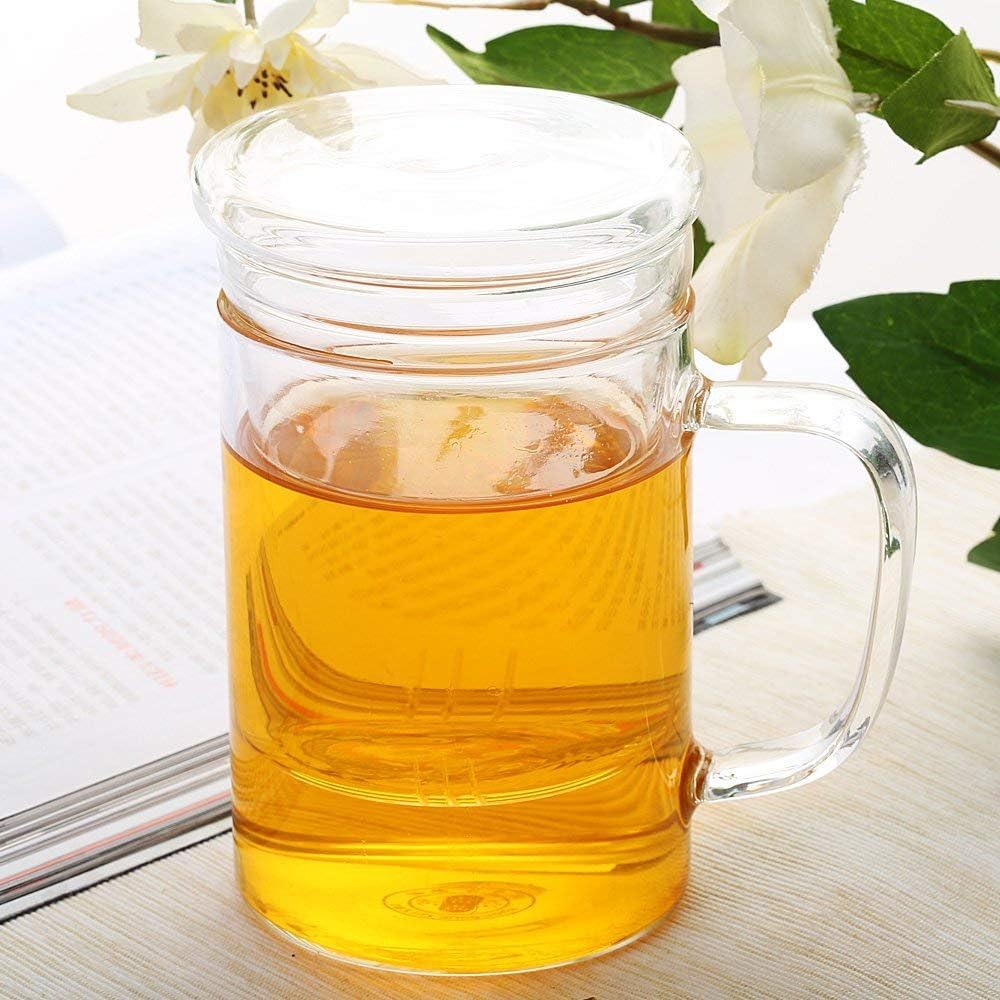 Zen Room Borosilicate Glass Tea Cup with Infuser and Lid/Portable Glass Tea Pot and Tea Maker/Heat Resistant and Dishwasher Safe (16oz Single Glass Cylinder Shape)