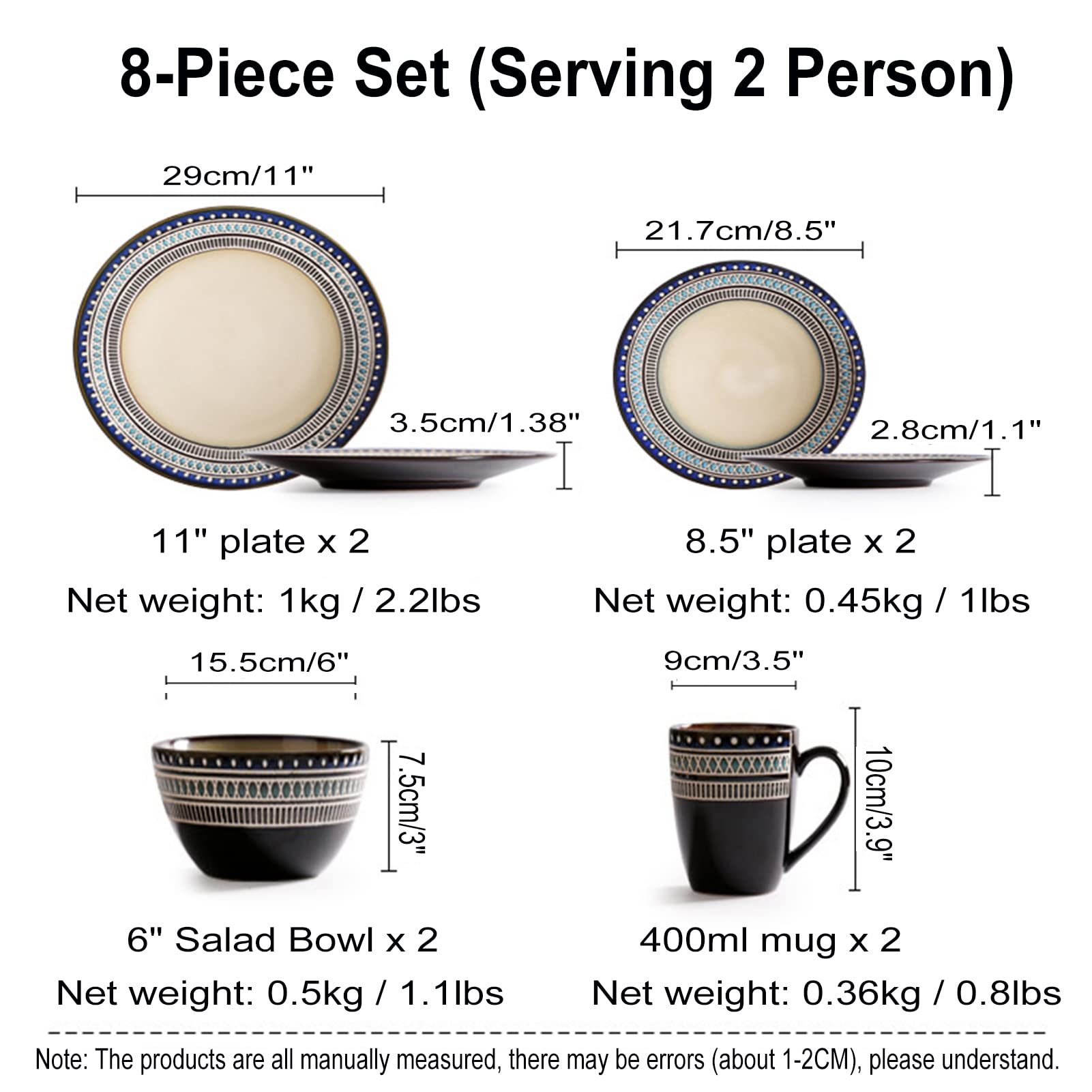 Porcelana zastawa stołowa, kompletny zestaw obiadowy z talerzami obiadowymi, talerzem deserowym, miskami na płatki śniadaniowymi i filiżankami 400 ml, zmywarką i do kuchenki mikrofalowej, 8
