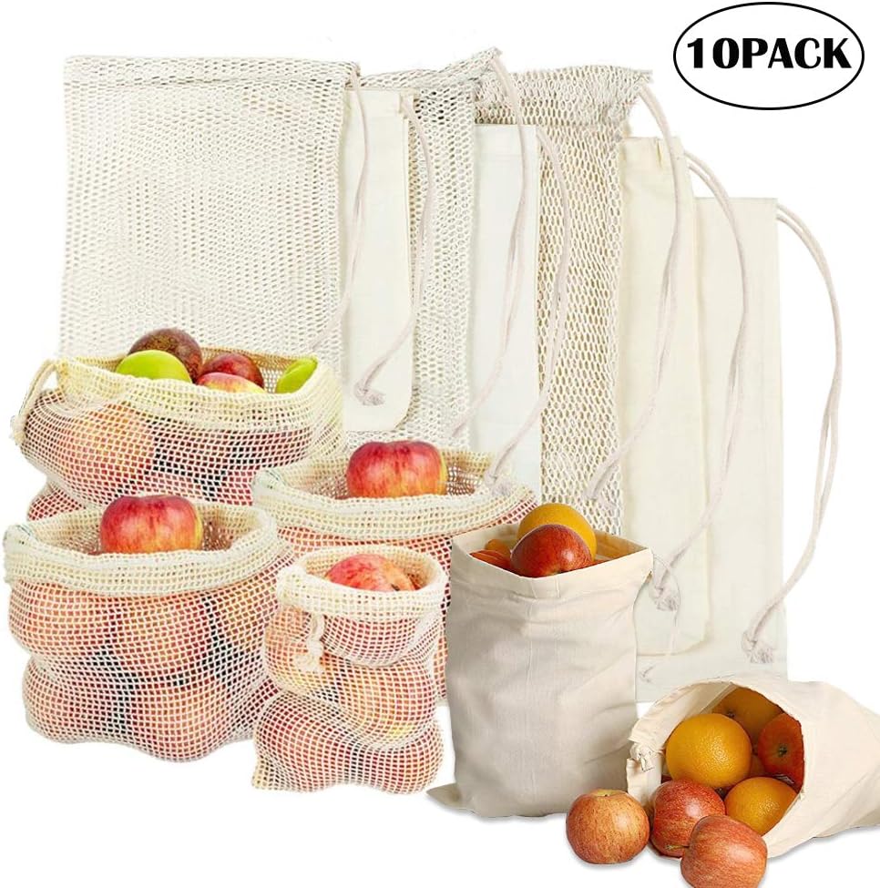 Mesh Bags Set of 10 Reusable Produce Bags Eco Friendly Double Sewing Grocery Storage Bags for Shopping Biodegradable Washable Natural Cotton