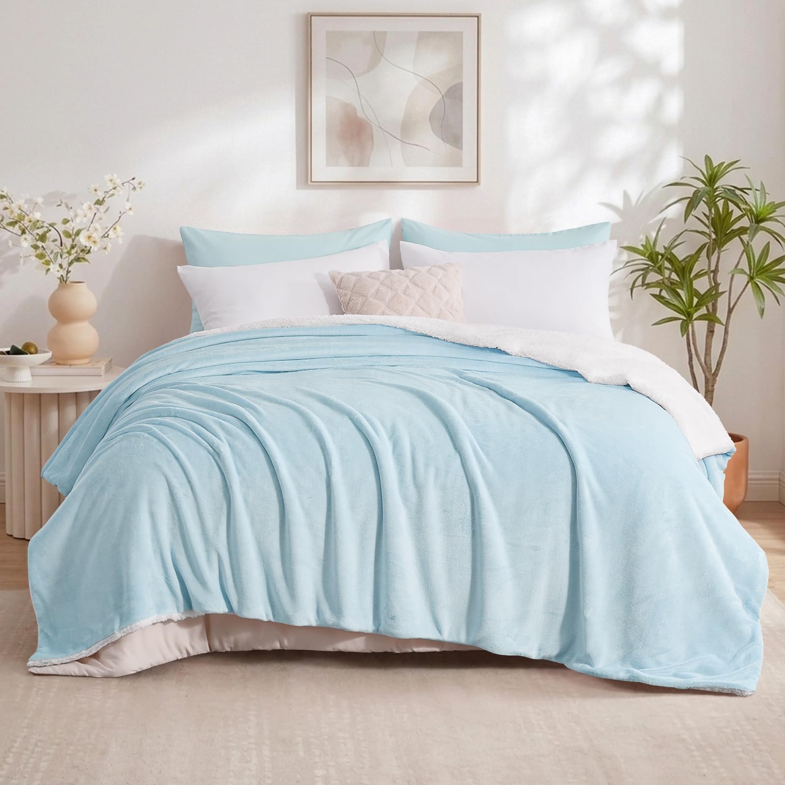 Aisbo Sherpa Fleece Throw Blanket Light Blue - Fluffy Thick King Size Blanket Extra Large Throw for Bed, Warm Soft Solid Microfiber Throws for Couch Sofa, 200x240cm — image 1