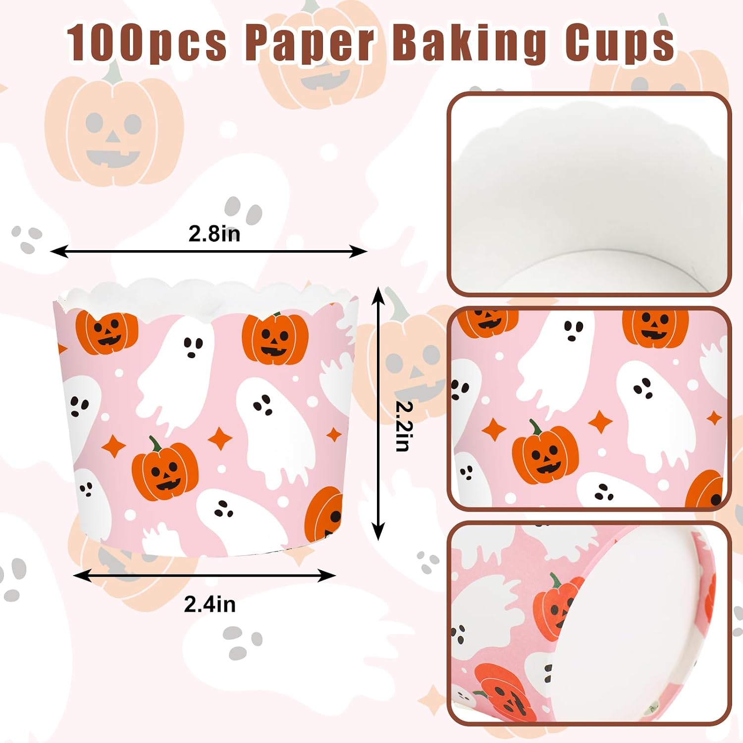 JarThenaAMCS 100Pcs Halloween Paper Baking Cups Pumpkin Ghost Cupcake Wrappers Orange Pink White Scalloped Edge Cupcake Muffin Cases for Halloween Dessert Decoration image 2