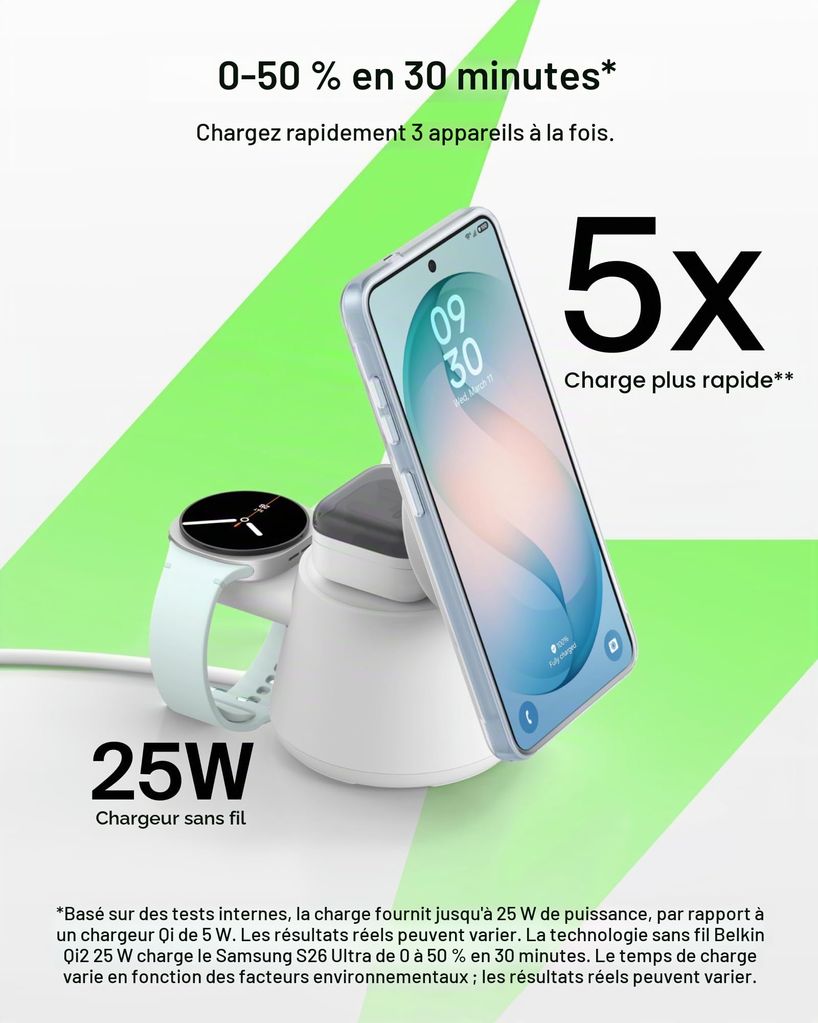 Belkin Qi2.2 Station de charge magnétique sans fil 25 W, chargeur Samsung 3 en 1 | Charge rapide, compatible MagSafe, Samsung Galaxy S26, chargeur Android, Pixel 10, iPhone 17/16/15, Apple Watch, AirPods