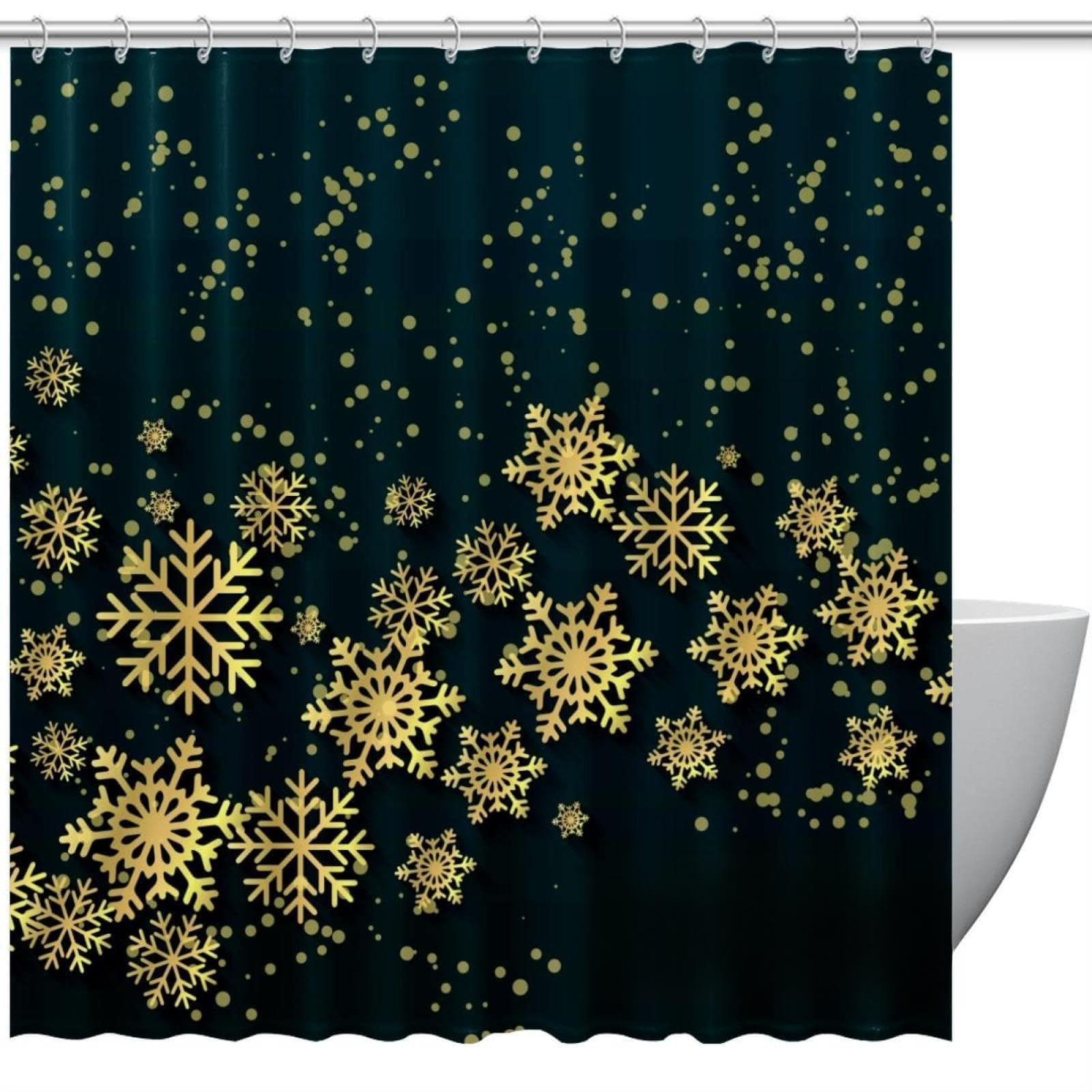 Rideau de douche de Noël flocon doré 168x183 cm étanche avec 12 crochets
