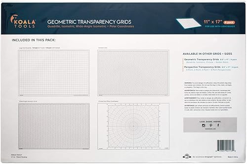 Miniatura 6 de Koala Tools Hojas de Transparencia de Cuadrícula Geométrica (Paquete Variado de 4) – 11" x 17" Transparencias para Retroproyector y Caja de Luz