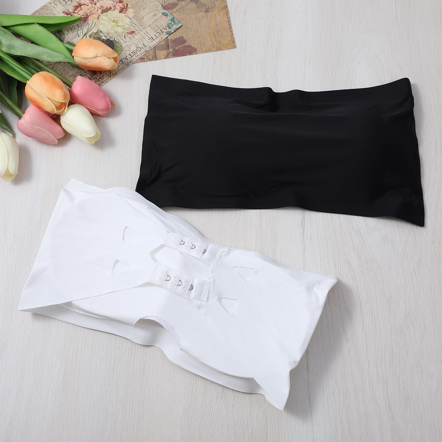 2 Pieces Women's Bandeau Tube Top Bra, Wireless Strapless Bralette Seamless Bandeau Tank Top Non-Slip Padded Bra, Black, White - Image 7
