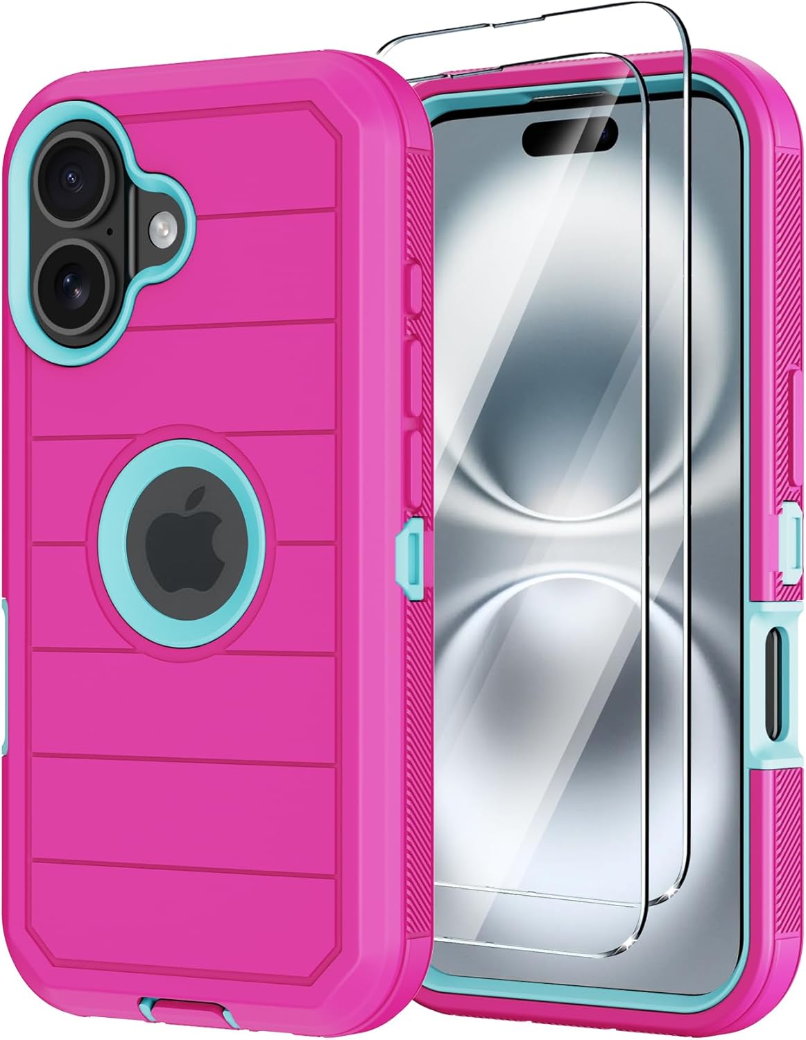 Annymall for iPhone 16 Case with Screen Protector,Heavy Duty 3-Layer Military Grade Drop Protection Cases,Full Body Shock-Absorbing Dust Proof Rugged Bumper Phone Cover for Apple 16 6.1" (Rose)