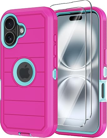 for iPhone 16 Case with Screen Protector,Heavy Duty 3-Layer Military Grade Drop Protection Cases,Full Body Shock-Absorbing Dust Proof Rugged Bumper Phone Cover for Apple 16 6.1" Rose
