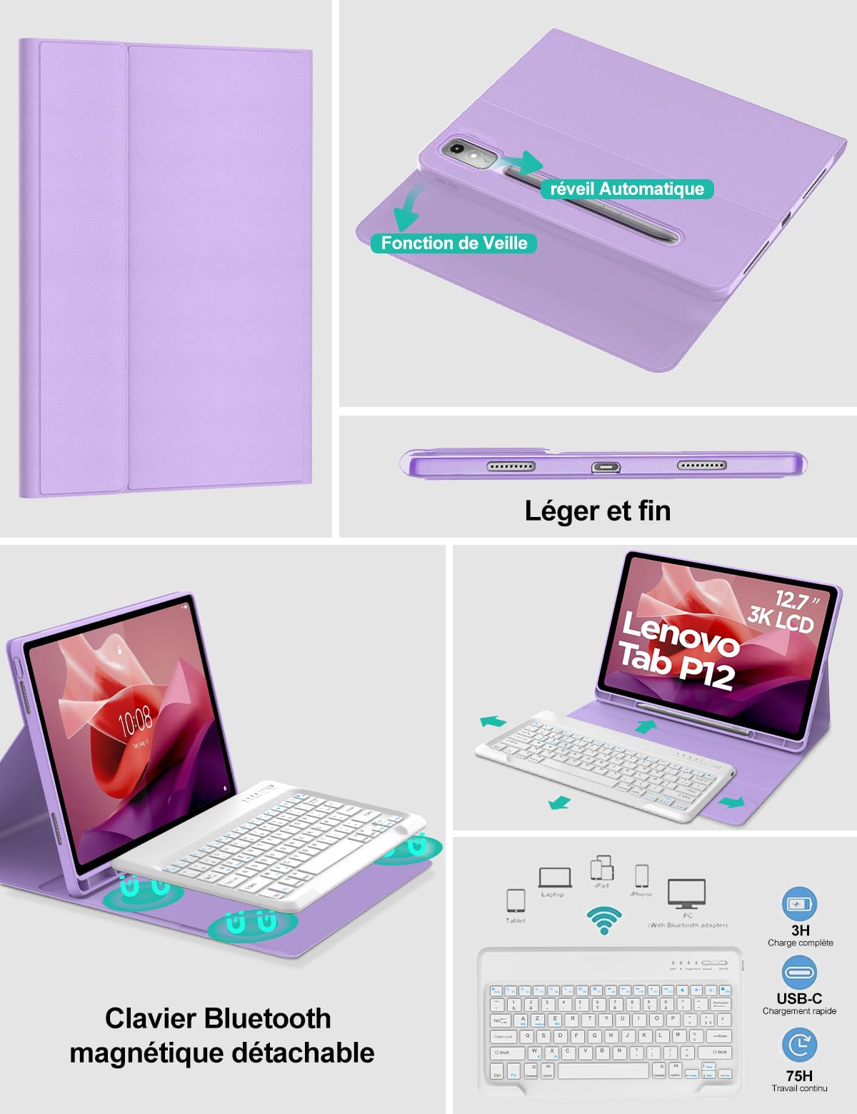 Clavier Bluetooth Étui Magnétique Pour Lenovo Tab P12 12.7" 2023 - AZERTY Français Avec Porte-Crayon