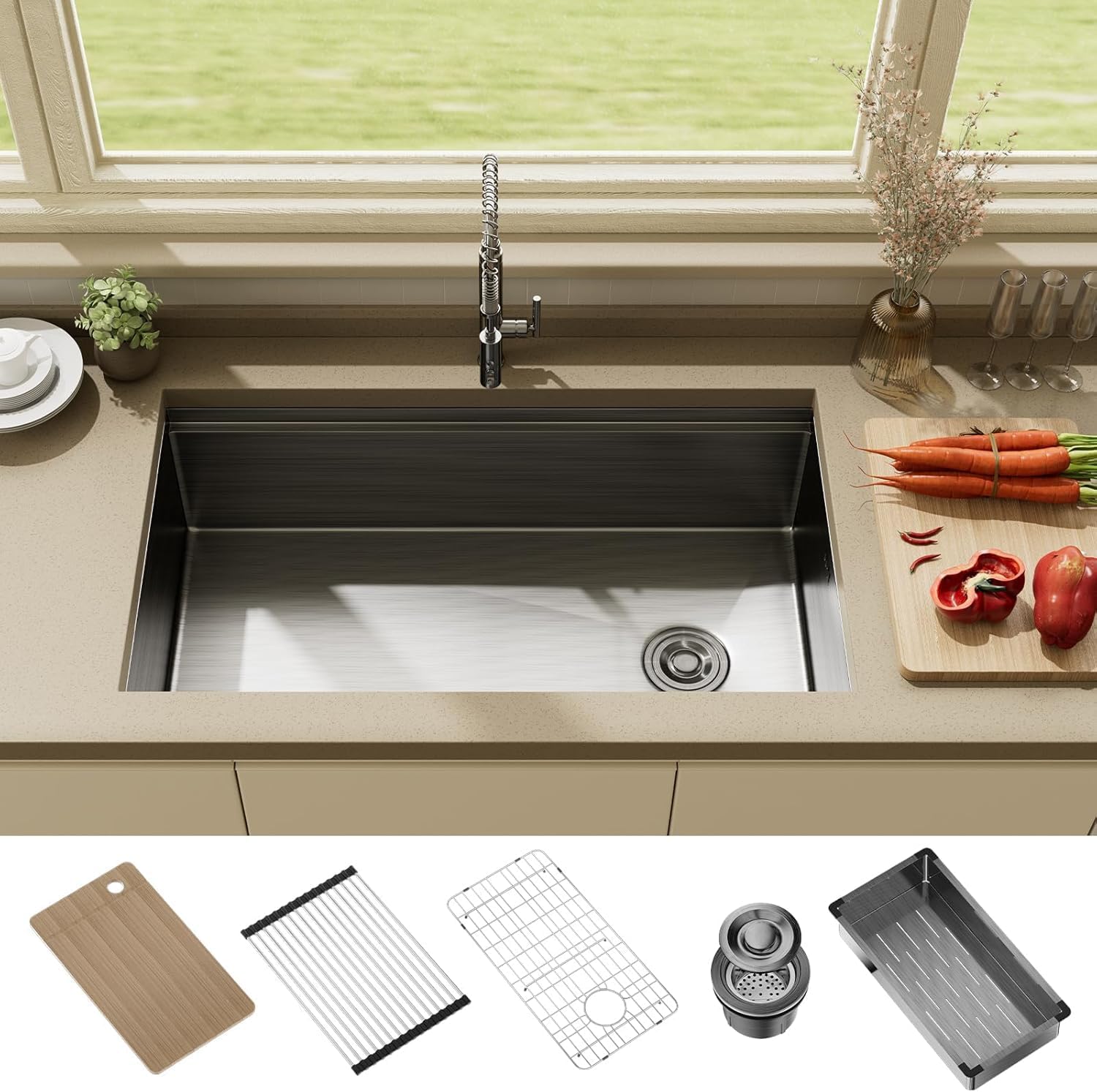 33 Inch Black Stainless Steel Undermount Single Bowl Sinks,33x19x9 Inch Deep Sink, 16 Gauge Workstation Kitchen Sinks, Modern Undermount Kitchen Sink with Ledge and Accessories