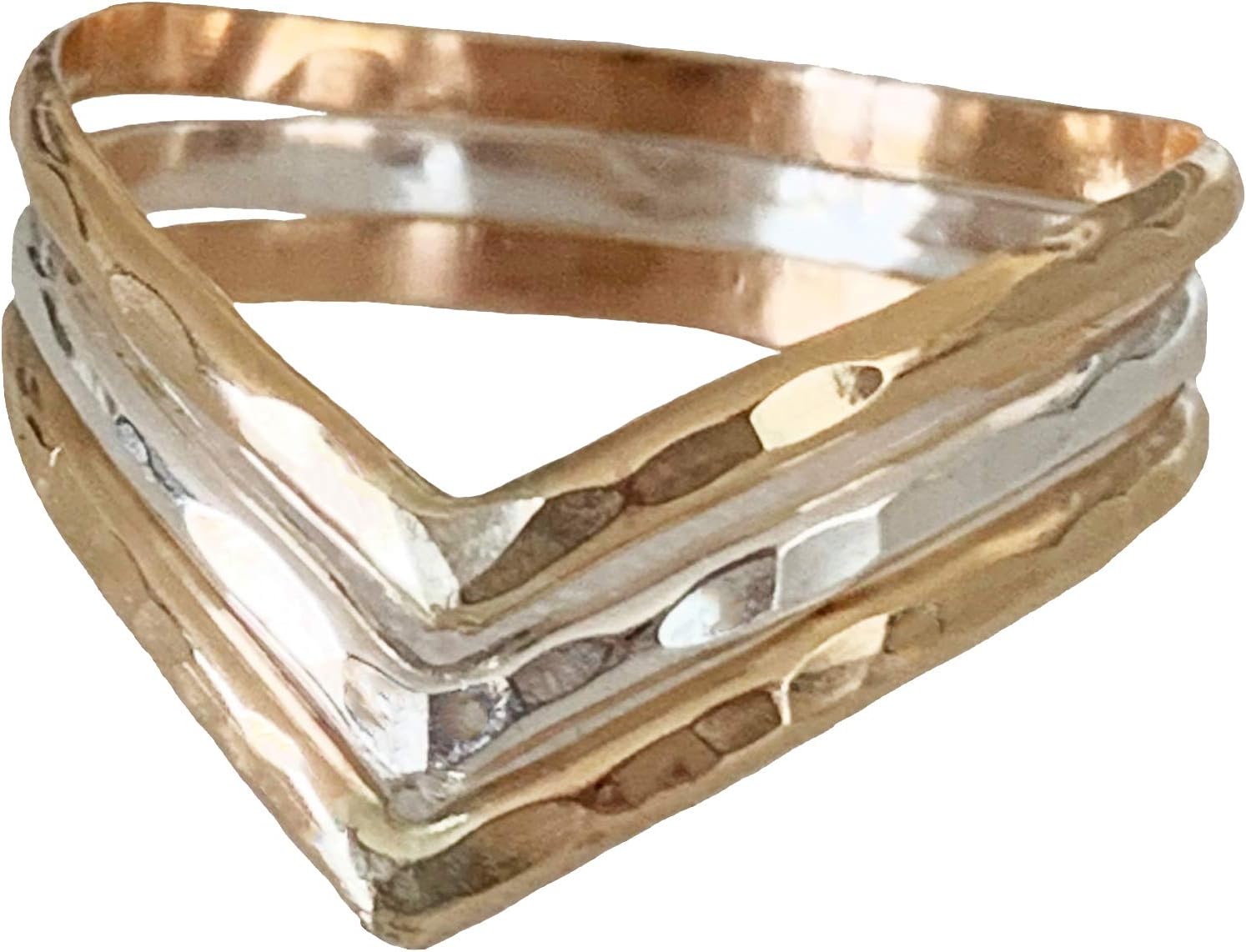 TOE RINGS & THINGS Triple Chevron 14k Gold Fill and Sterling Silver Ring | Three Bonded Bands in Textured Mixed Metal | Unisex Sizes 5-12 | Thumb, Index, or Finger Ring
