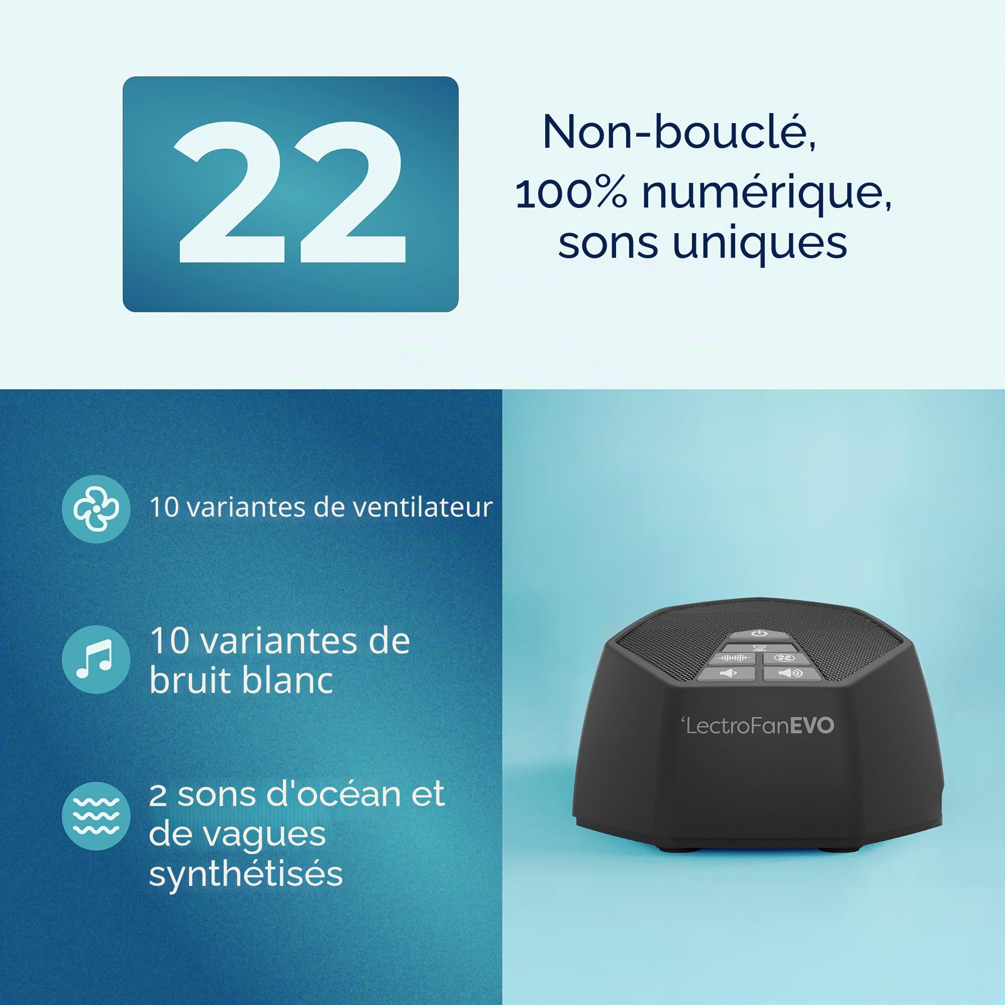 LectroFan Evo ASM1020-KK Machine à Bruit Blanc 22 Sons Uniques Non Bouclés Minuterie Sommeil Noir