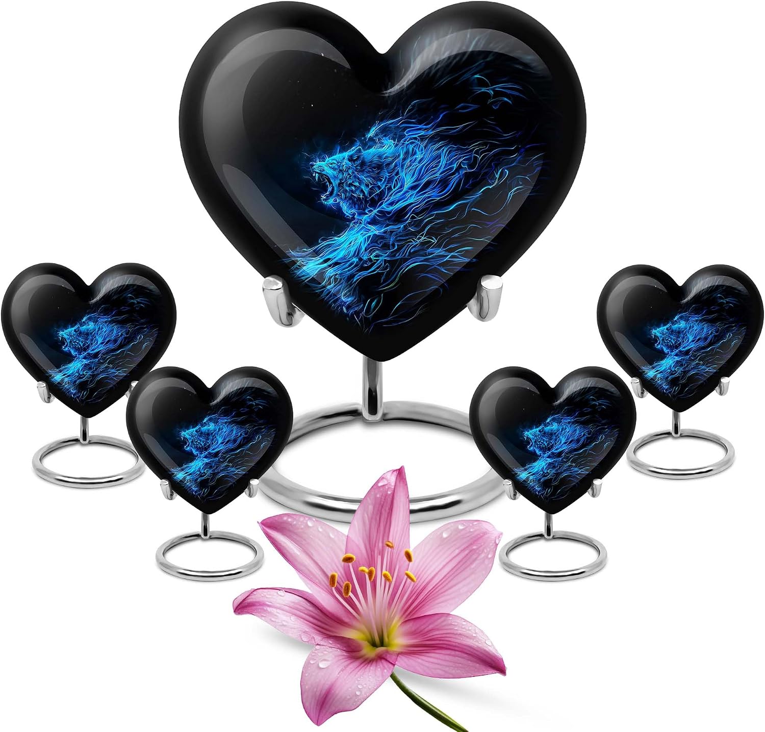 Wolf Funeral Urns - Pack of 5 (10 Inch Urn with 3 Inch Urn Set of 4) - Small Urns for Pet, Black Funeral Keepsakes for Ashes, Cremation Urn for Human Ashes Adult Male, Urns for Ashes
