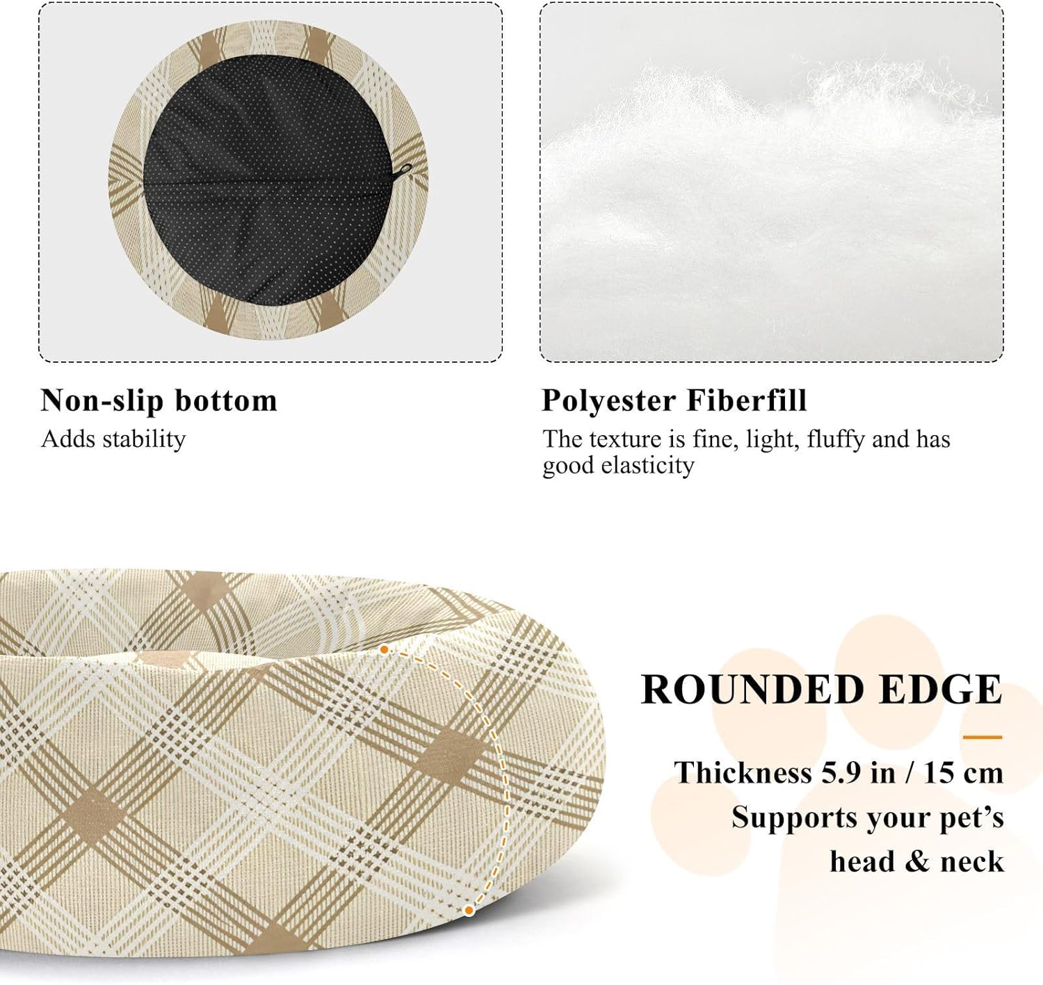 Dog Bed Ultra Soft Fluffy Comfortable Cat Bed, Plaid Netural Washable Dog Beds Anti-Slip Round Pet Beds for Medium Dogs