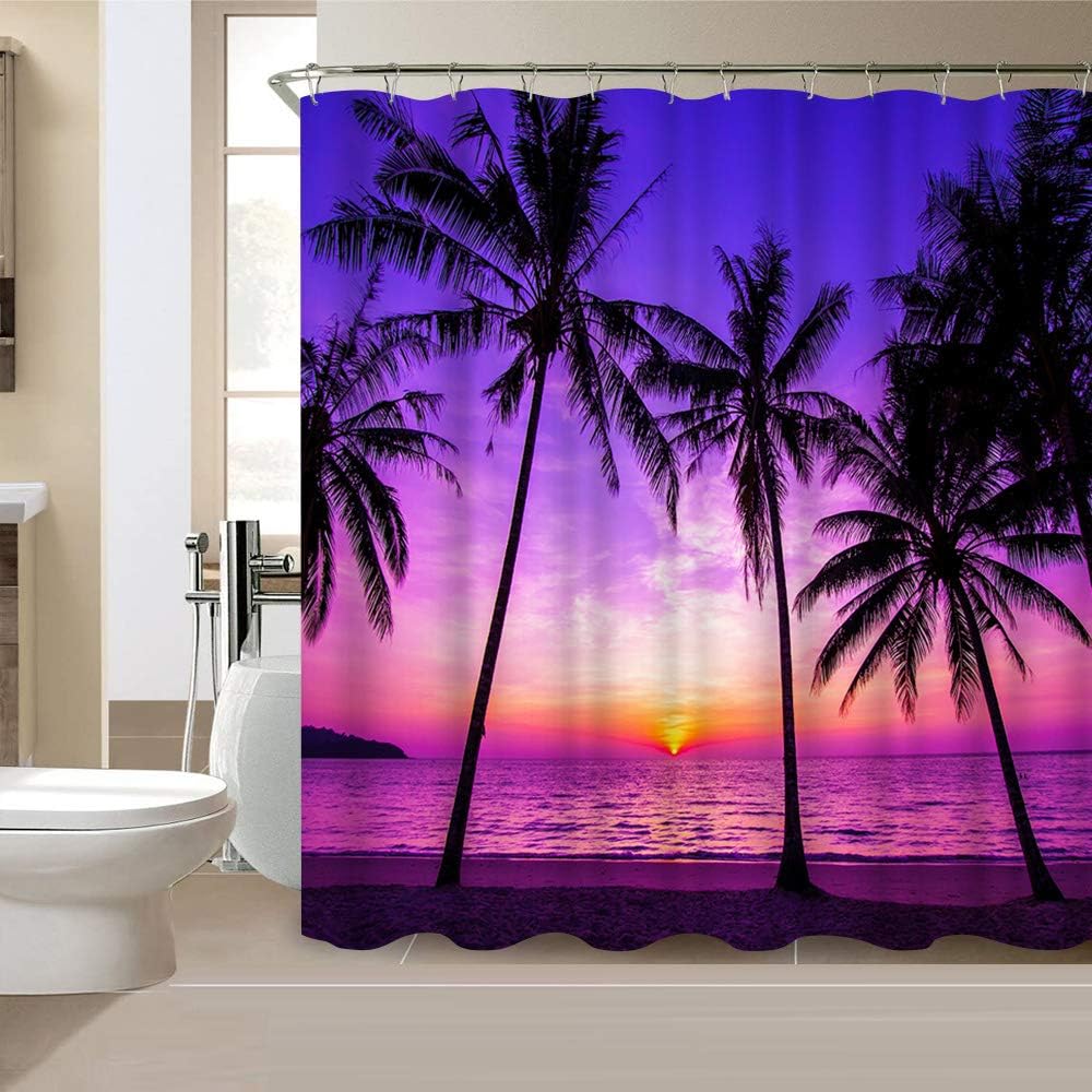 Sunset Beach Shower Curtain Tropical Palm Tree Landscape Waterproof Fabric Curtains for Bathroom Decor with 12 Hooks 72x72 Inches