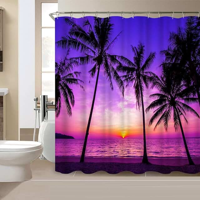 Sunset Beach Shower Curtain Tropical Palm Tree Landscape Waterproof Fabr...