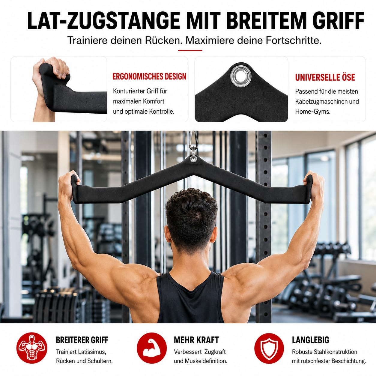 Cable Pulley Attachment Kabelzug Griff Zubehör, LAT Pull Down Bar, V-Griff und Trizepsgriff für Kabelzugmaschine, Fitnessgerät Zubehör für Home Gym und Studio, Set oder Einzelstück